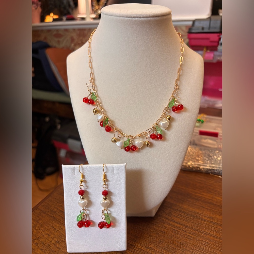 New handmade Gold toned Cherry and Heart Pearl charm Necklace w earrings